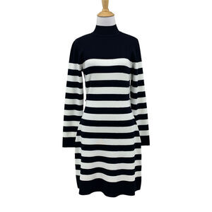 Karen Millen Dress Womens M Medium Petite Black White Stripe Ribbed Knit Mock